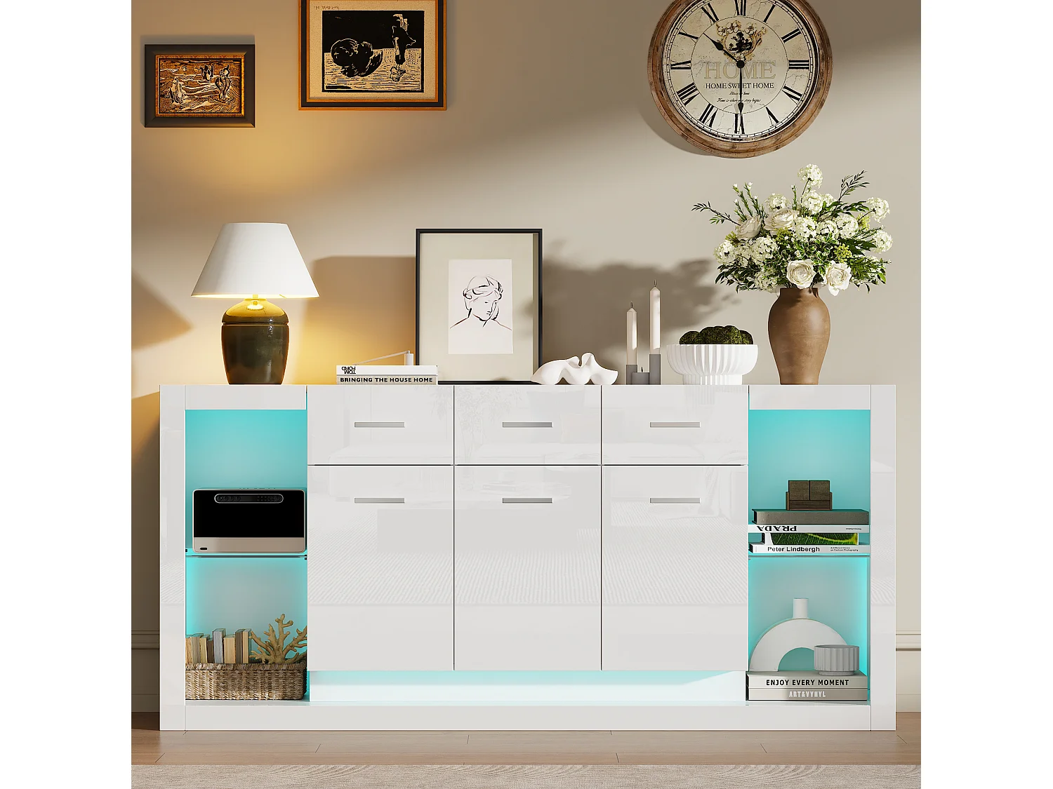 Buffet laquée brillante moderne - 160 x 40 x 75 cm - avec Leds + 3 tiroirs + étagères + 3 portes - aggloméré - blanc