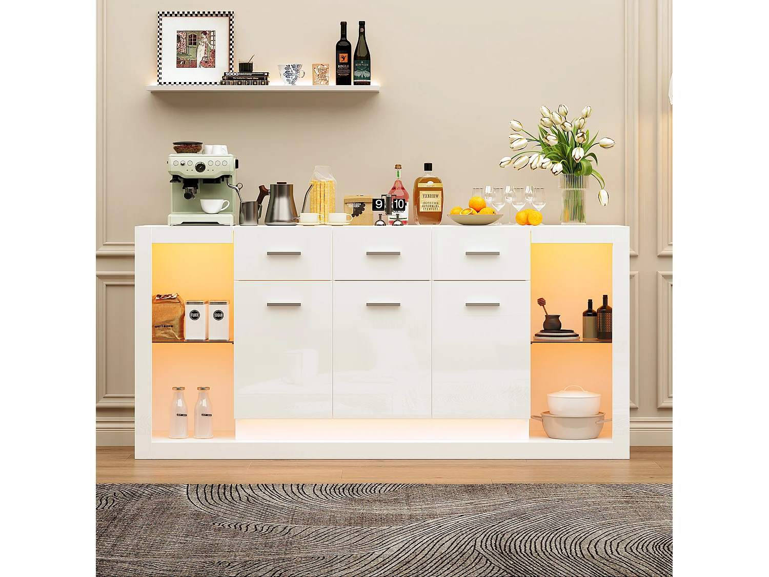 Buffet laquée brillante moderne - 160 x 40 x 75 cm - avec Leds + 3 tiroirs + étagères + 3 portes - aggloméré - blanc