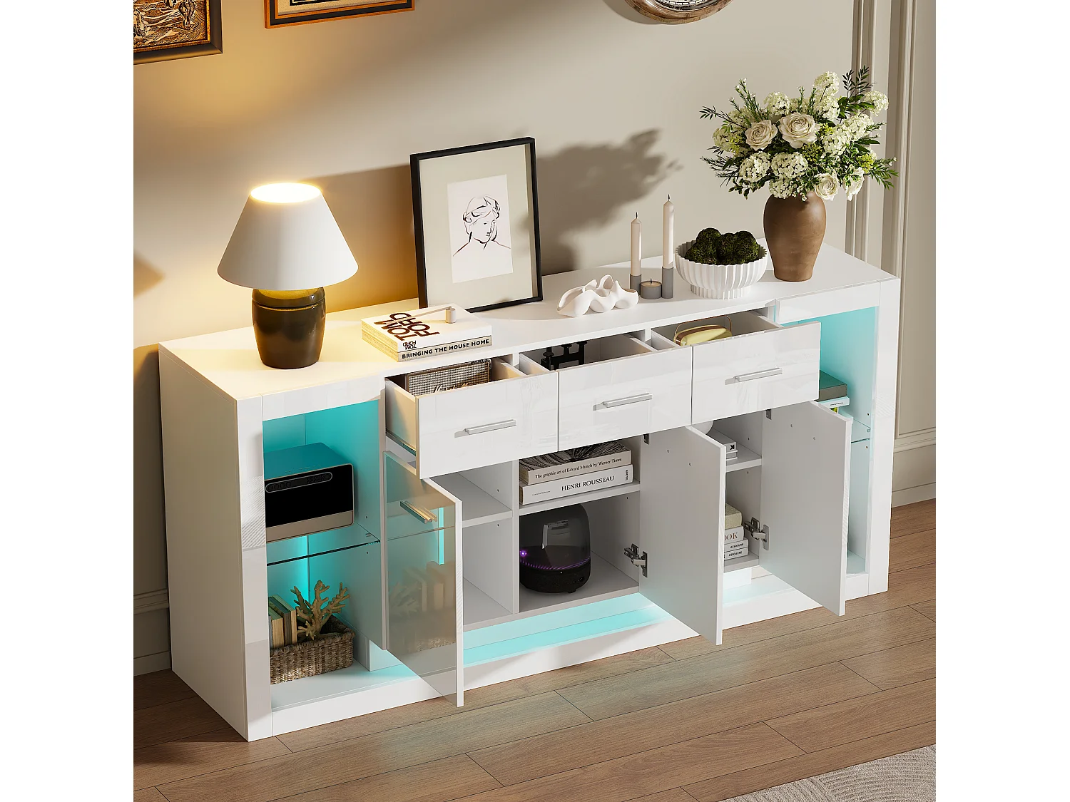 Buffet laquée brillante moderne - 160 x 40 x 75 cm - avec Leds + 3 tiroirs + étagères + 3 portes - aggloméré - blanc