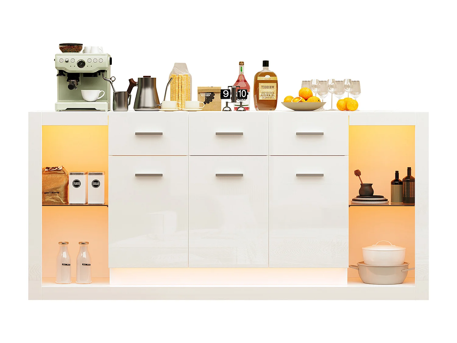 Buffet laquée brillante moderne - 160 x 40 x 75 cm - avec Leds + 3 tiroirs + étagères + 3 portes - aggloméré - blanc