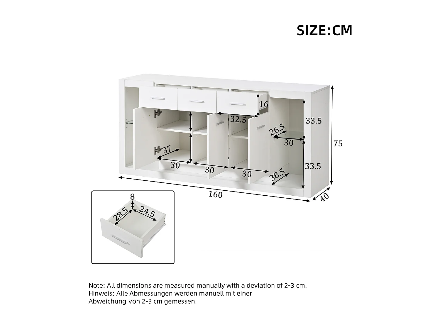 Buffet laquée brillante moderne - 160 x 40 x 75 cm - avec Leds + 3 tiroirs + étagères + 3 portes - aggloméré - blanc