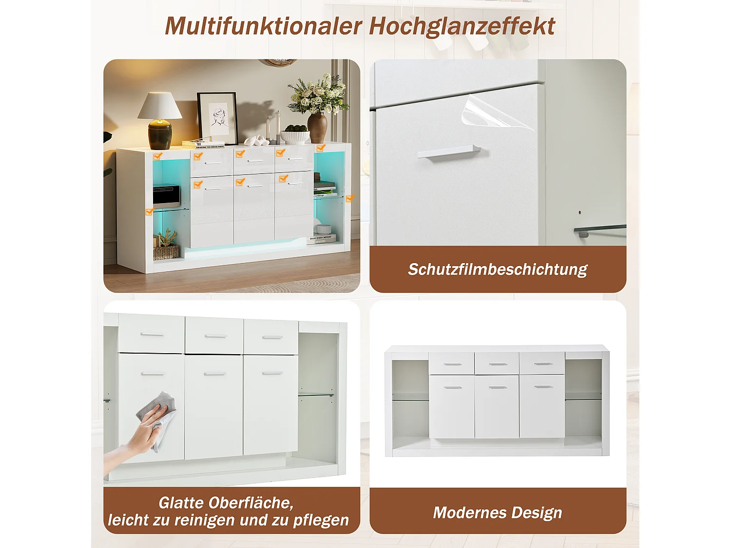 Buffet laquée brillante moderne - 160 x 40 x 75 cm - avec Leds + 3 tiroirs + étagères + 3 portes - aggloméré - blanc