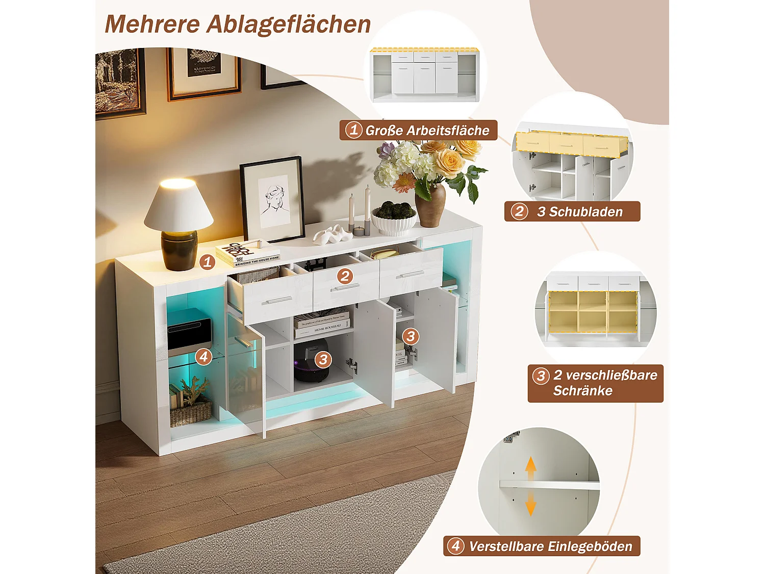 Buffet laquée brillante moderne - 160 x 40 x 75 cm - avec Leds + 3 tiroirs + étagères + 3 portes - aggloméré - blanc