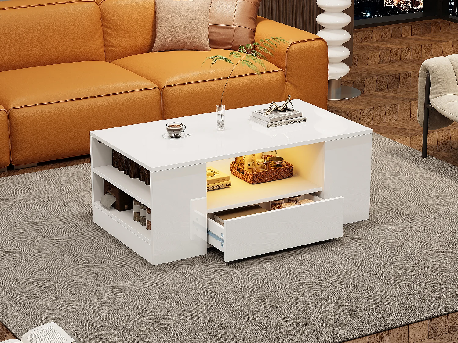 Table basse moderne laquée brillante - 95 x 53 x 37 cm - avec 2 tiroirs + 2 étagères - aggloméré - blanc