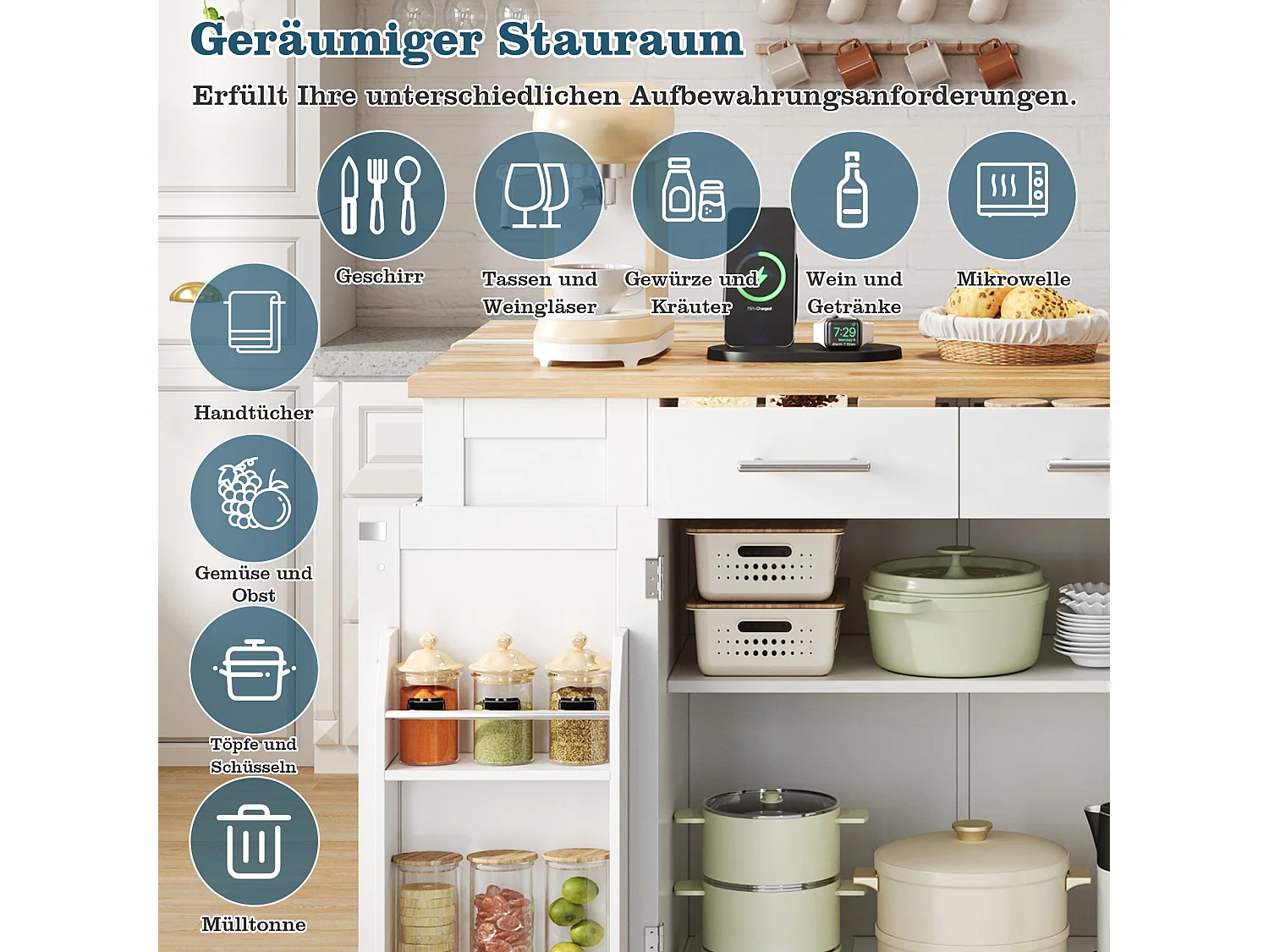 Keukeneiland met inklapbaar werkblad - 138 x 56/86 x 92 cm - met lades en deuren - MDF - wit