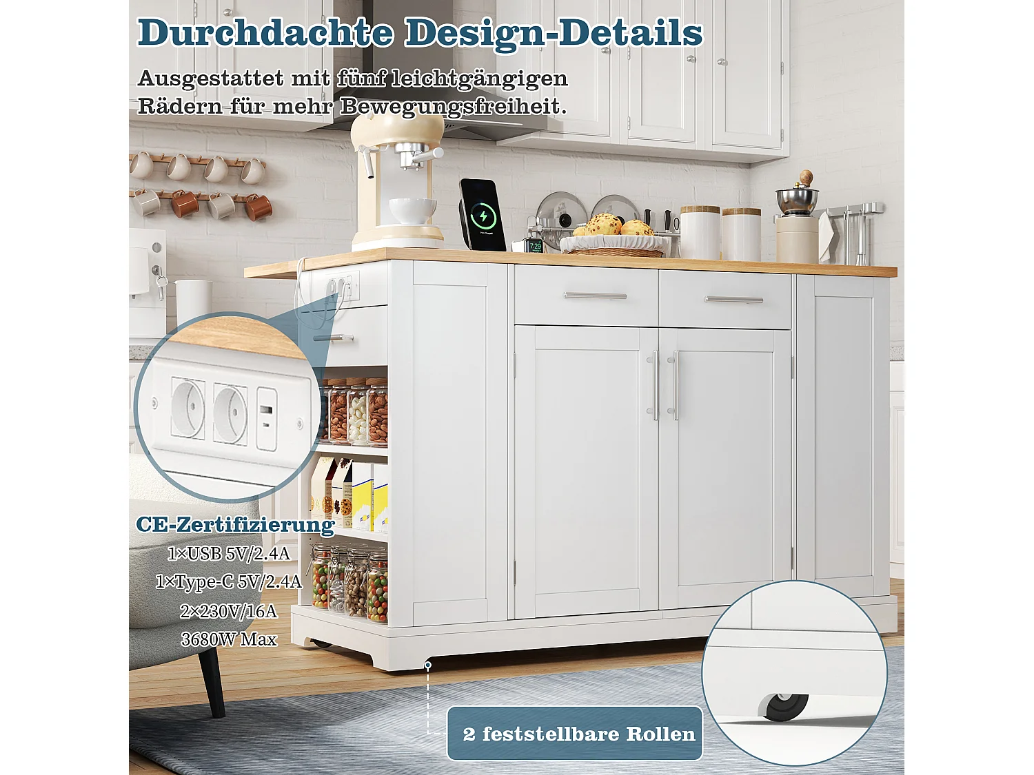 Keukeneiland met inklapbaar werkblad - 138 x 56/86 x 92 cm - met lades en deuren - MDF - wit