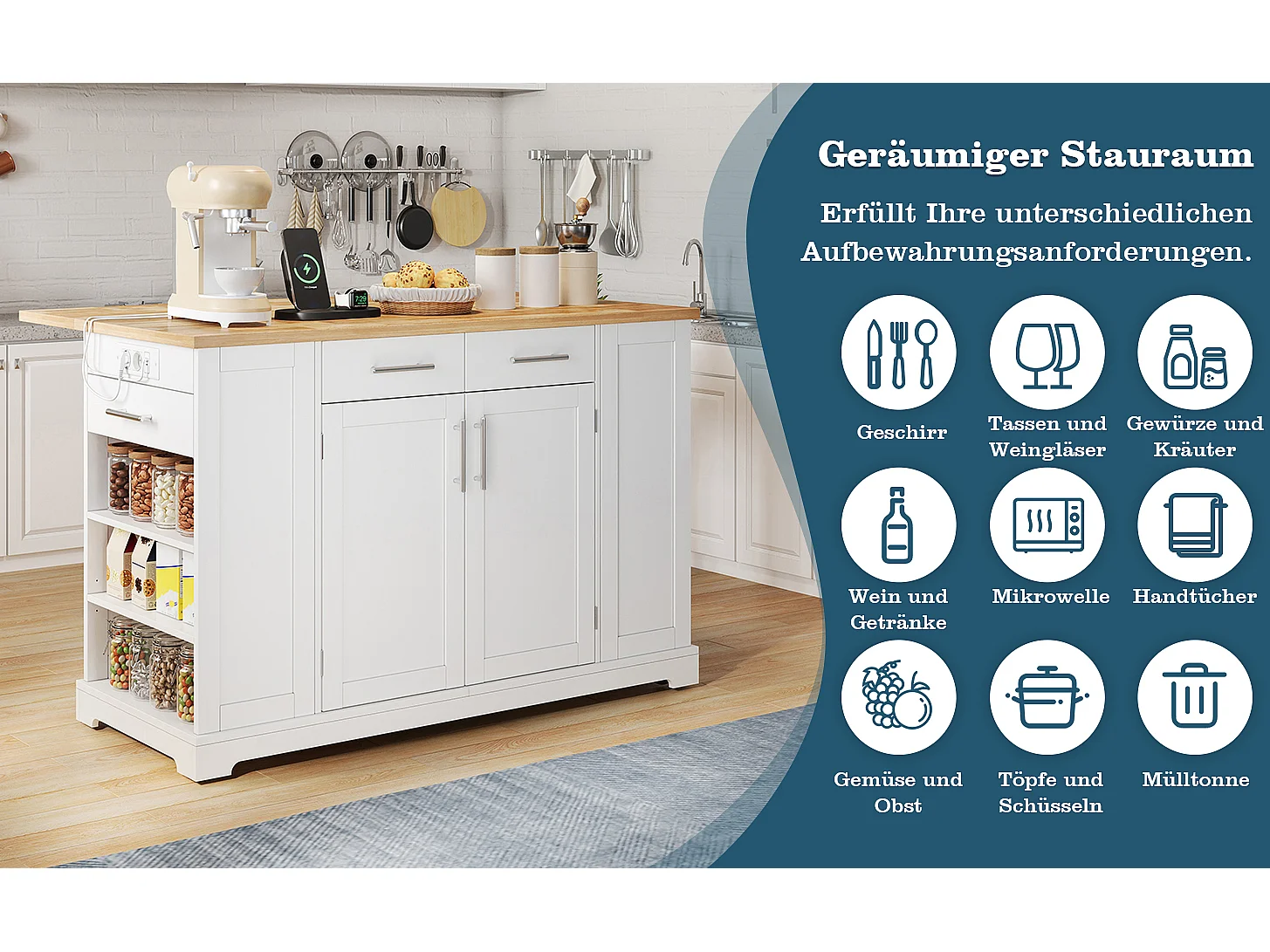 Keukeneiland met inklapbaar werkblad - 138 x 56/86 x 92 cm - met lades en deuren - MDF - wit