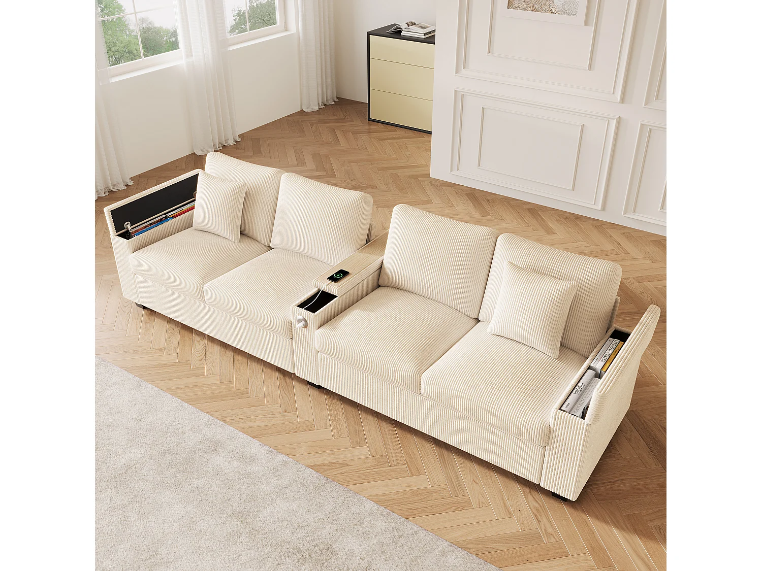 Canapé moderne 4 places - 299 x 80 x 82.7 cm - avec USB + accoudoir rabattable + rangement dissimulé - velours - beige