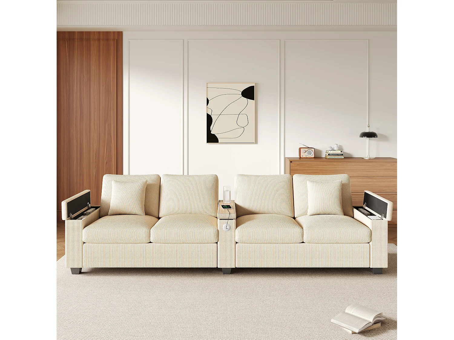 Canapé moderne 4 places - 299 x 80 x 82.7 cm - avec USB + accoudoir rabattable + rangement dissimulé - velours - beige
