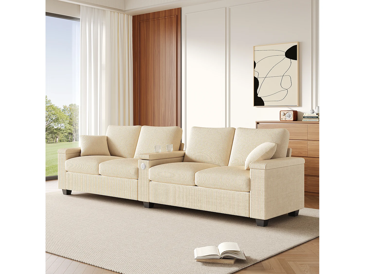 Canapé moderne 4 places - 299 x 80 x 82.7 cm - avec USB + accoudoir rabattable + rangement dissimulé - velours - beige