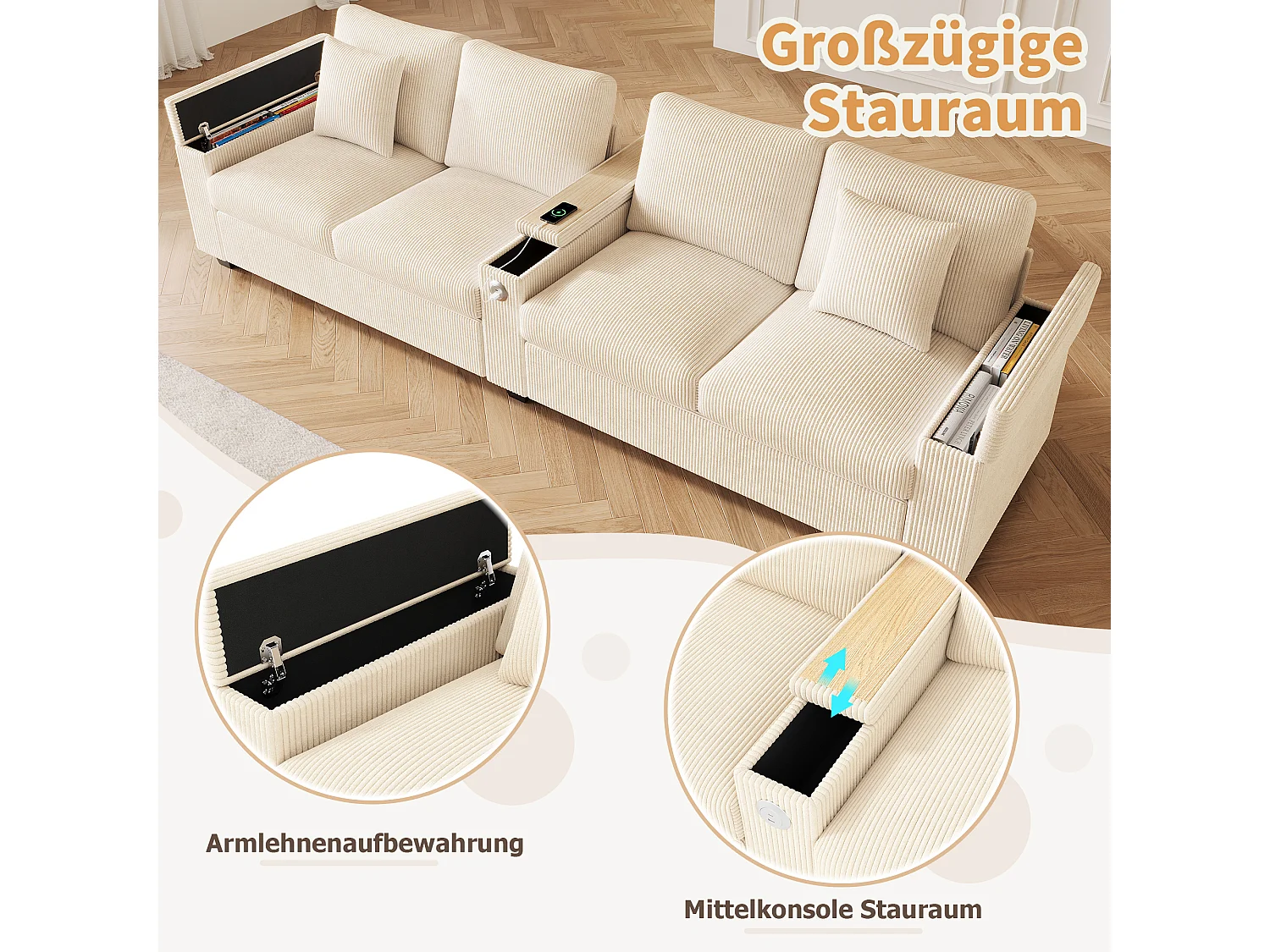 Canapé moderne 4 places - 299 x 80 x 82.7 cm - avec USB + accoudoir rabattable + rangement dissimulé - velours - beige