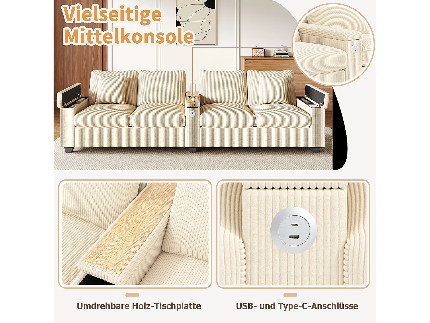 Canapé moderne 4 places - 299 x 80 x 82.7 cm - avec USB + accoudoir rabattable + rangement dissimulé - velours - beige
