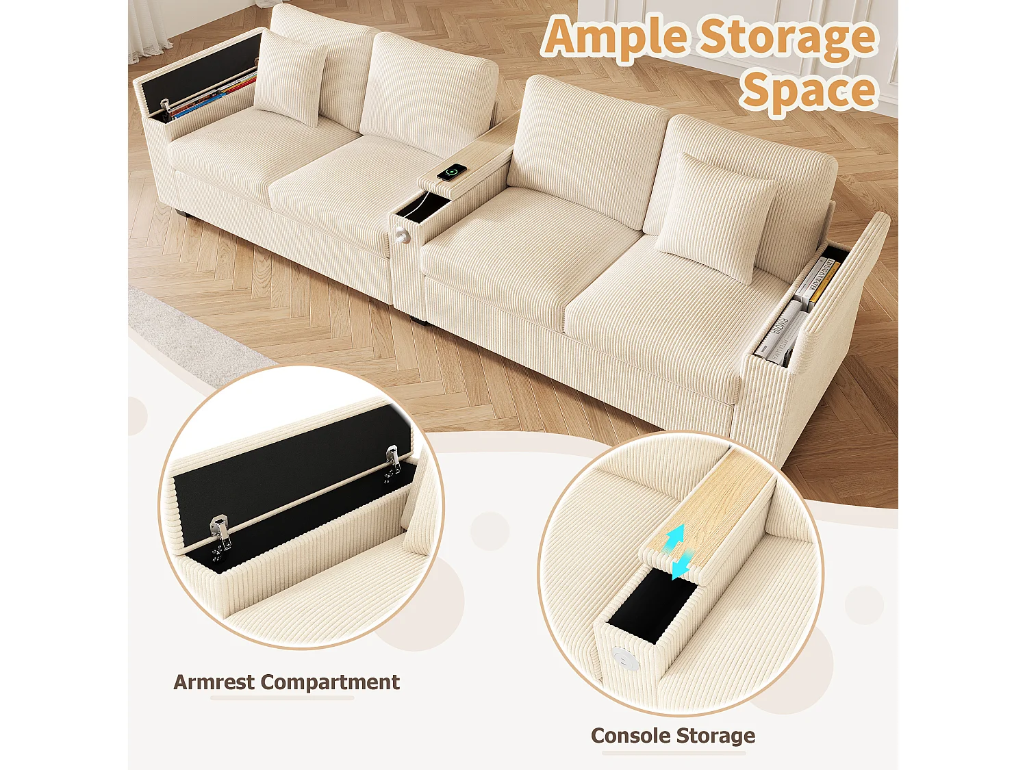Canapé moderne 4 places - 299 x 80 x 82.7 cm - avec USB + accoudoir rabattable + rangement dissimulé - velours - beige
