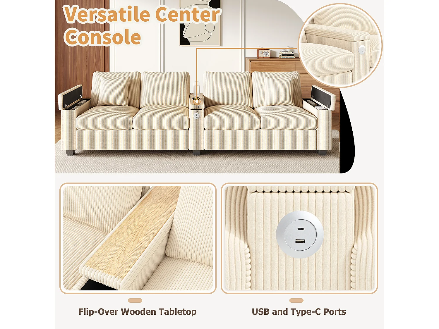 Canapé moderne 4 places - 299 x 80 x 82.7 cm - avec USB + accoudoir rabattable + rangement dissimulé - velours - beige