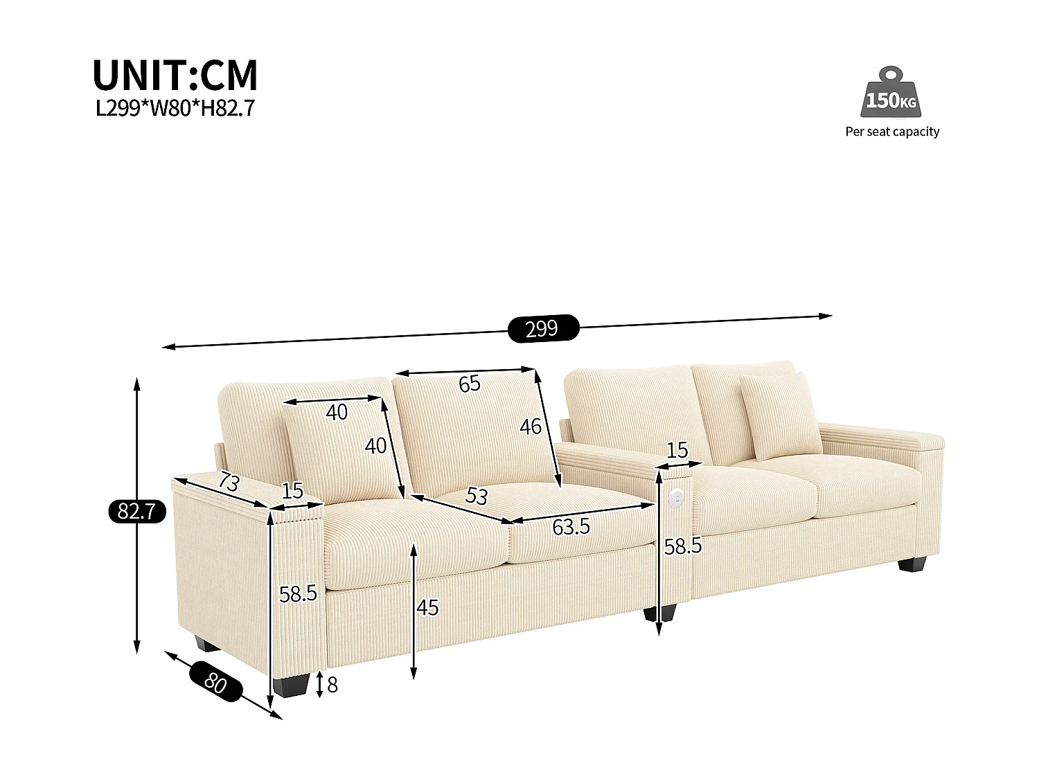 Canapé moderne 4 places - 299 x 80 x 82.7 cm - avec USB + accoudoir rabattable + rangement dissimulé - velours - beige