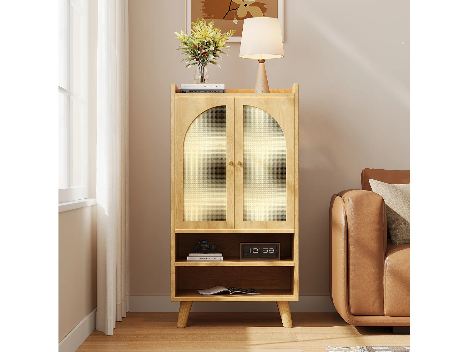 Komoda do przedpokoju/salonu - 60 x 40 x 121 cm - z 2 drzwiami rattanowymi + 2 otwartymi półkami - płyta wiórowa - naturalna