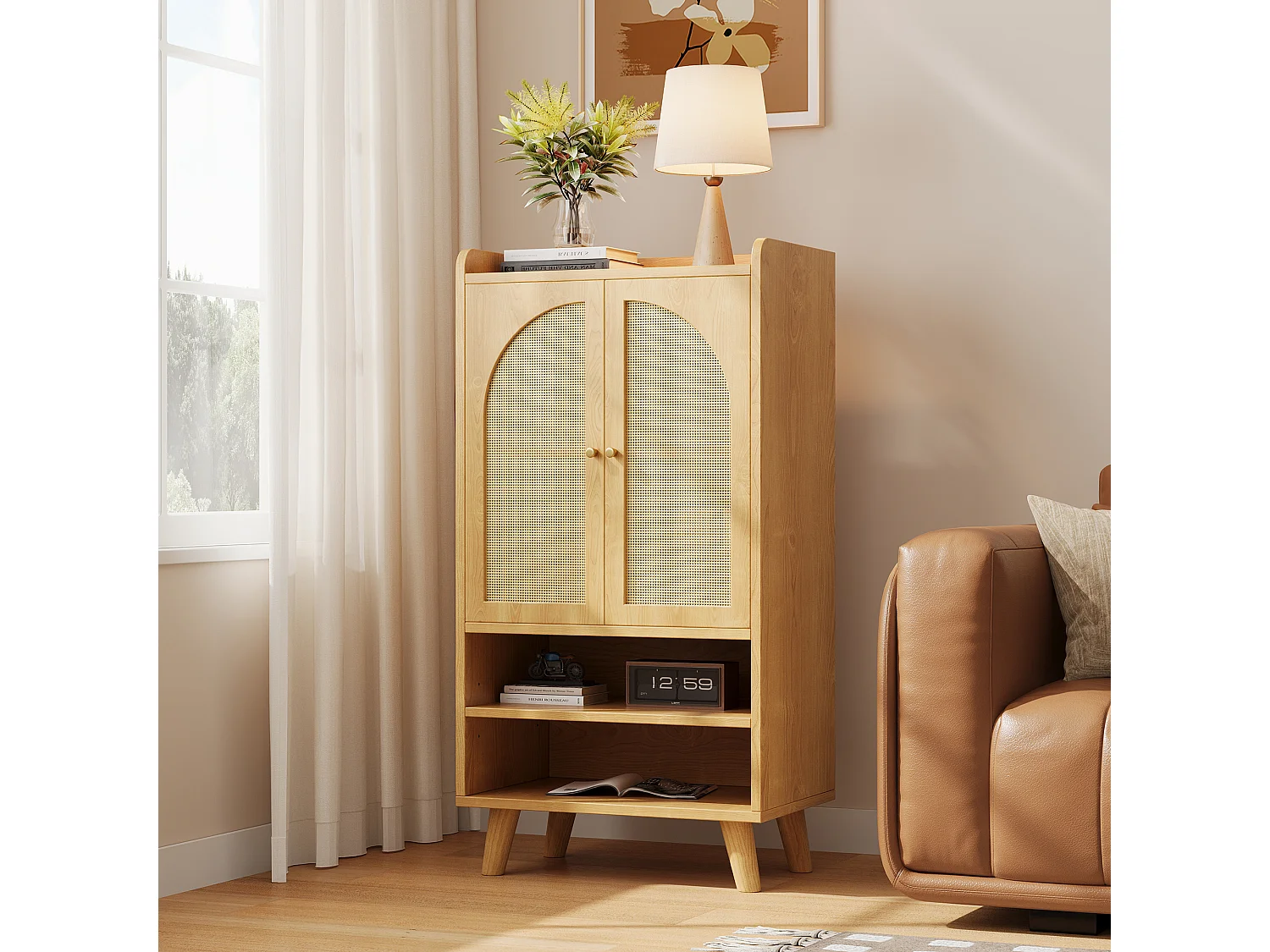 Komoda do przedpokoju/salonu - 60 x 40 x 121 cm - z 2 drzwiami rattanowymi + 2 otwartymi półkami - płyta wiórowa - naturalna
