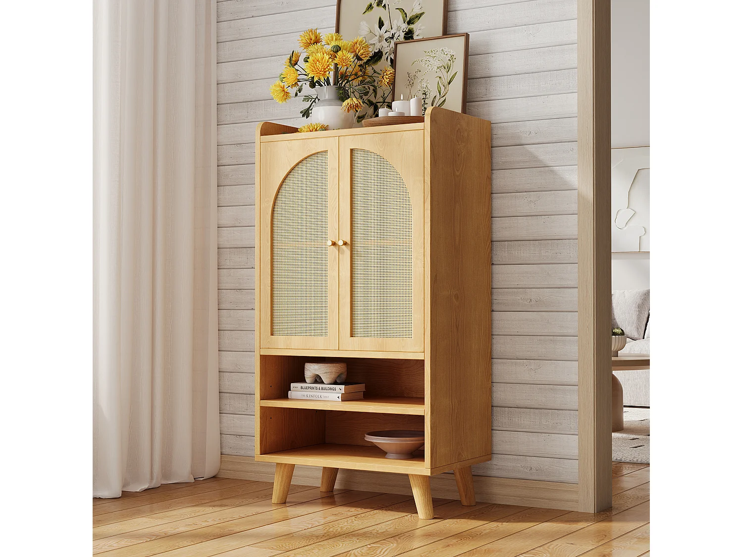 Komoda do przedpokoju/salonu - 60 x 40 x 121 cm - z 2 drzwiami rattanowymi + 2 otwartymi półkami - płyta wiórowa - naturalna