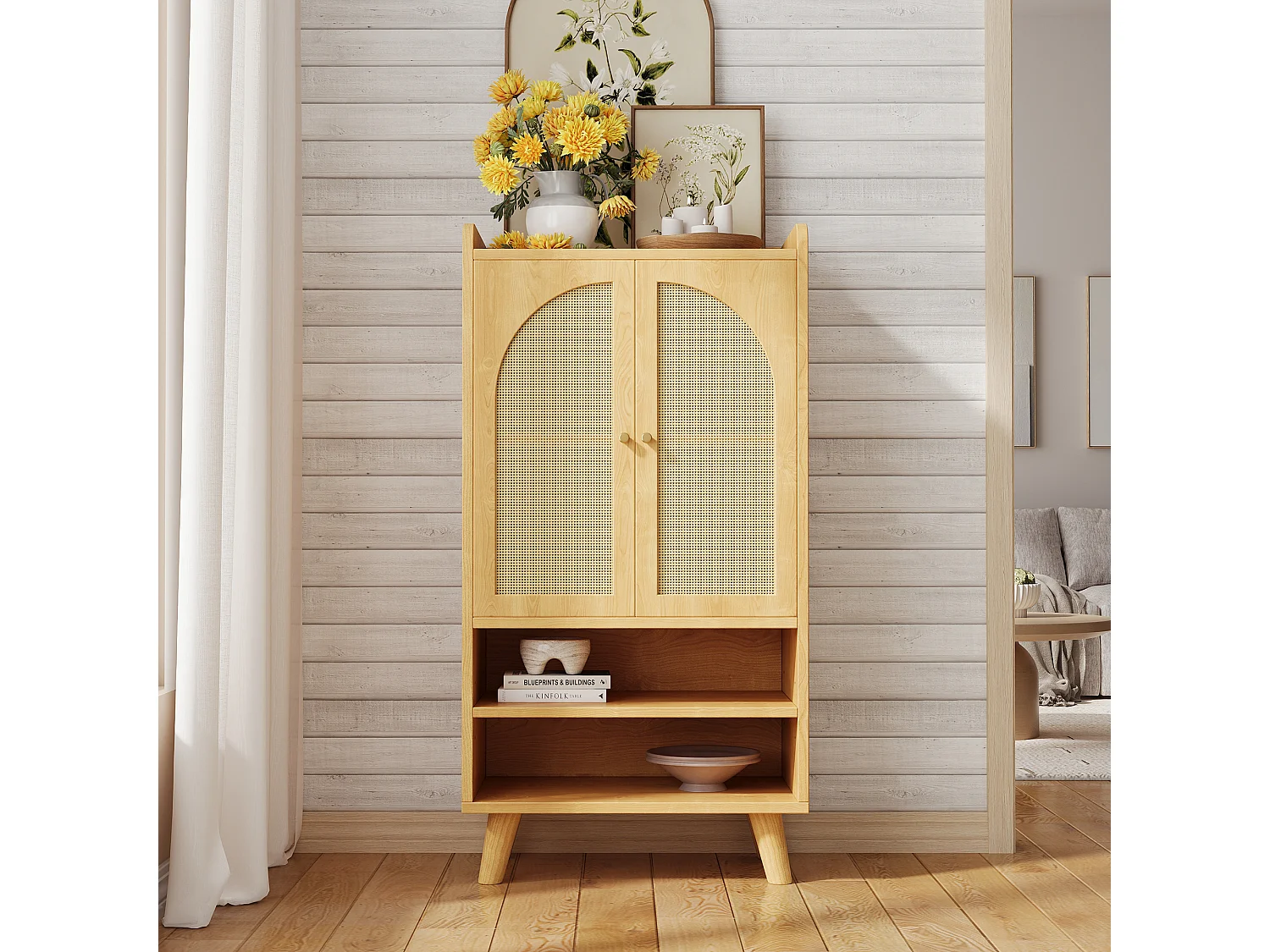 Komoda do przedpokoju/salonu - 60 x 40 x 121 cm - z 2 drzwiami rattanowymi + 2 otwartymi półkami - płyta wiórowa - naturalna