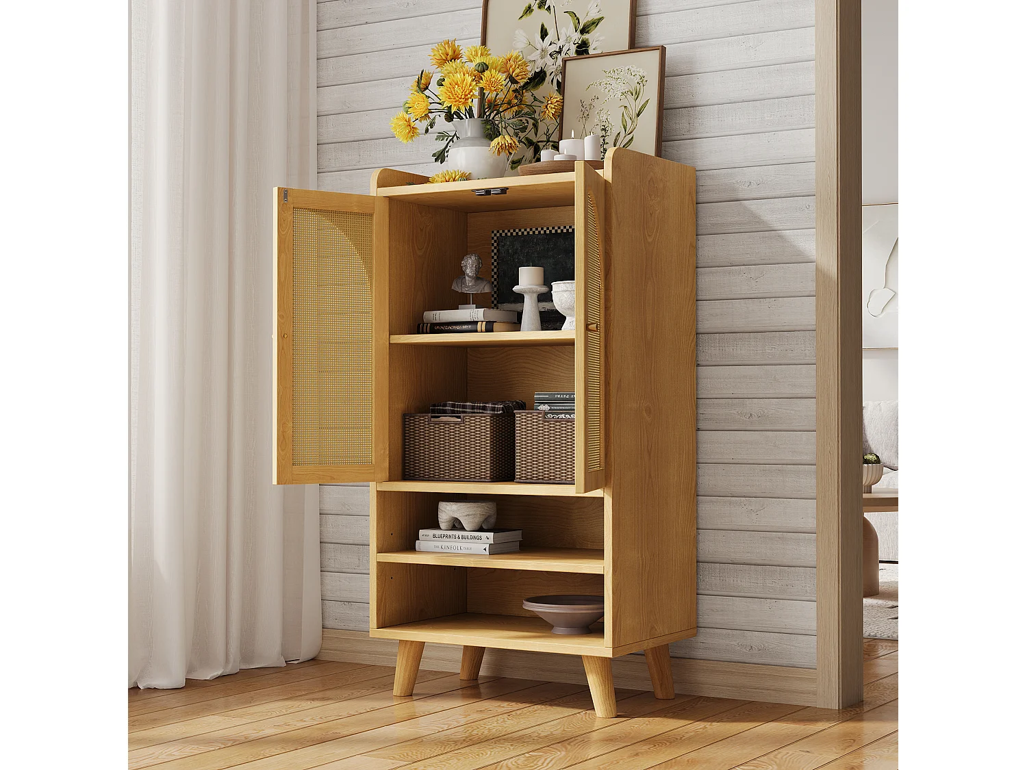 Komoda do przedpokoju/salonu - 60 x 40 x 121 cm - z 2 drzwiami rattanowymi + 2 otwartymi półkami - płyta wiórowa - naturalna