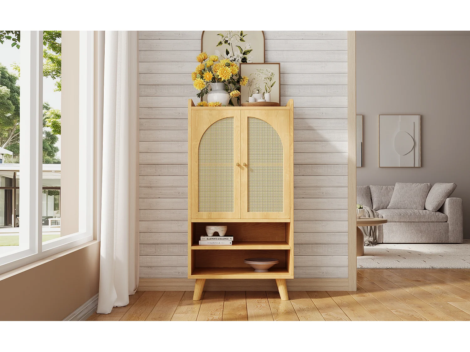 Komoda do przedpokoju/salonu - 60 x 40 x 121 cm - z 2 drzwiami rattanowymi + 2 otwartymi półkami - płyta wiórowa - naturalna