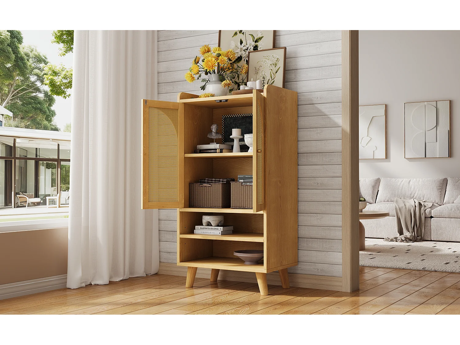 Komoda do przedpokoju/salonu - 60 x 40 x 121 cm - z 2 drzwiami rattanowymi + 2 otwartymi półkami - płyta wiórowa - naturalna