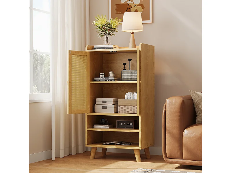 Komoda do przedpokoju/salonu - 60 x 40 x 121 cm - z 2 drzwiami rattanowymi + 2 otwartymi półkami - płyta wiórowa - naturalna