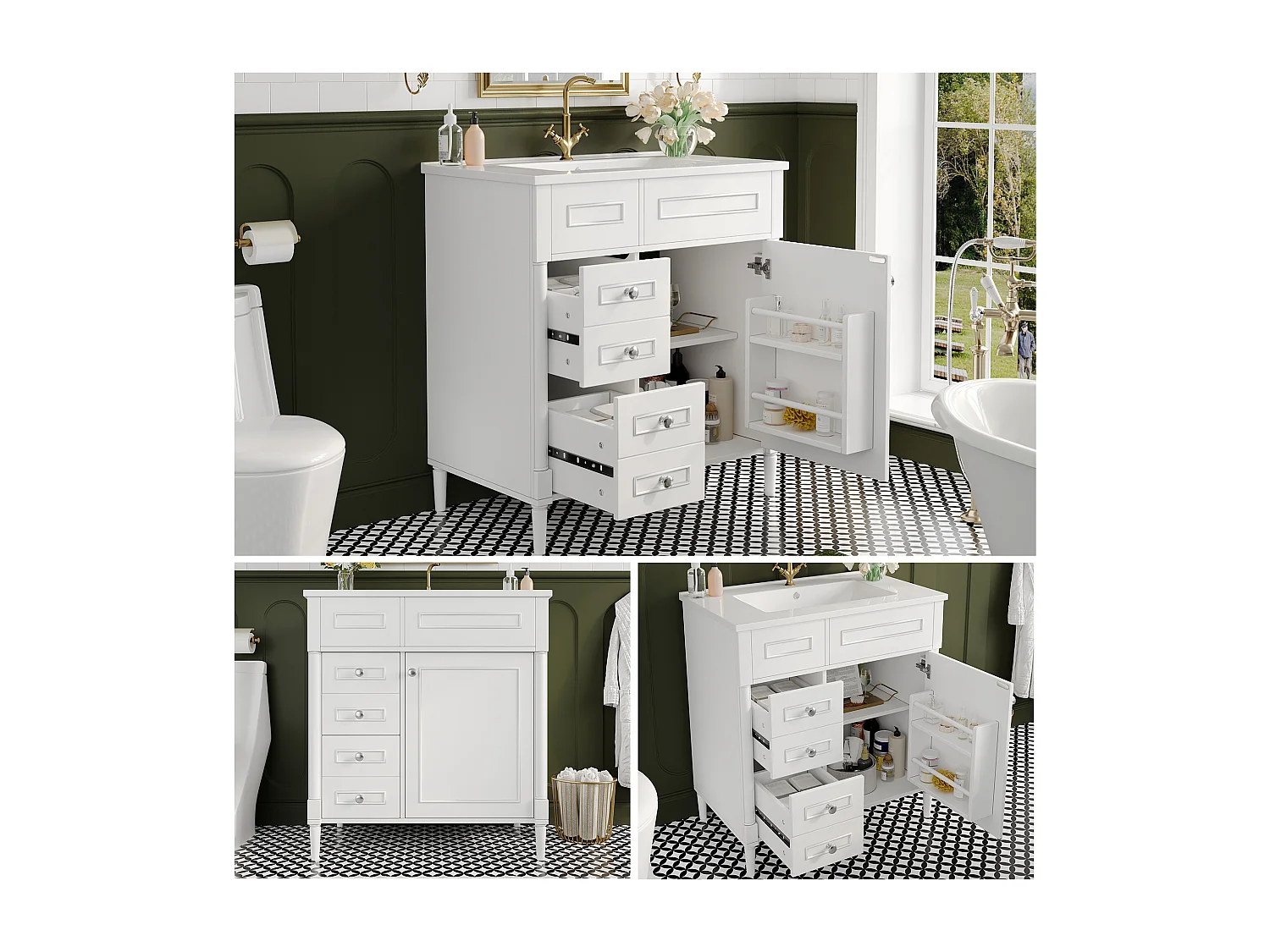 Nowoczesna wolnostojąca szafka pod umywalkę - 76,5 x 46,5 x 84 cm - z umywalką + 2 szufladami + drzwiami - Ceramika + MDF - biała