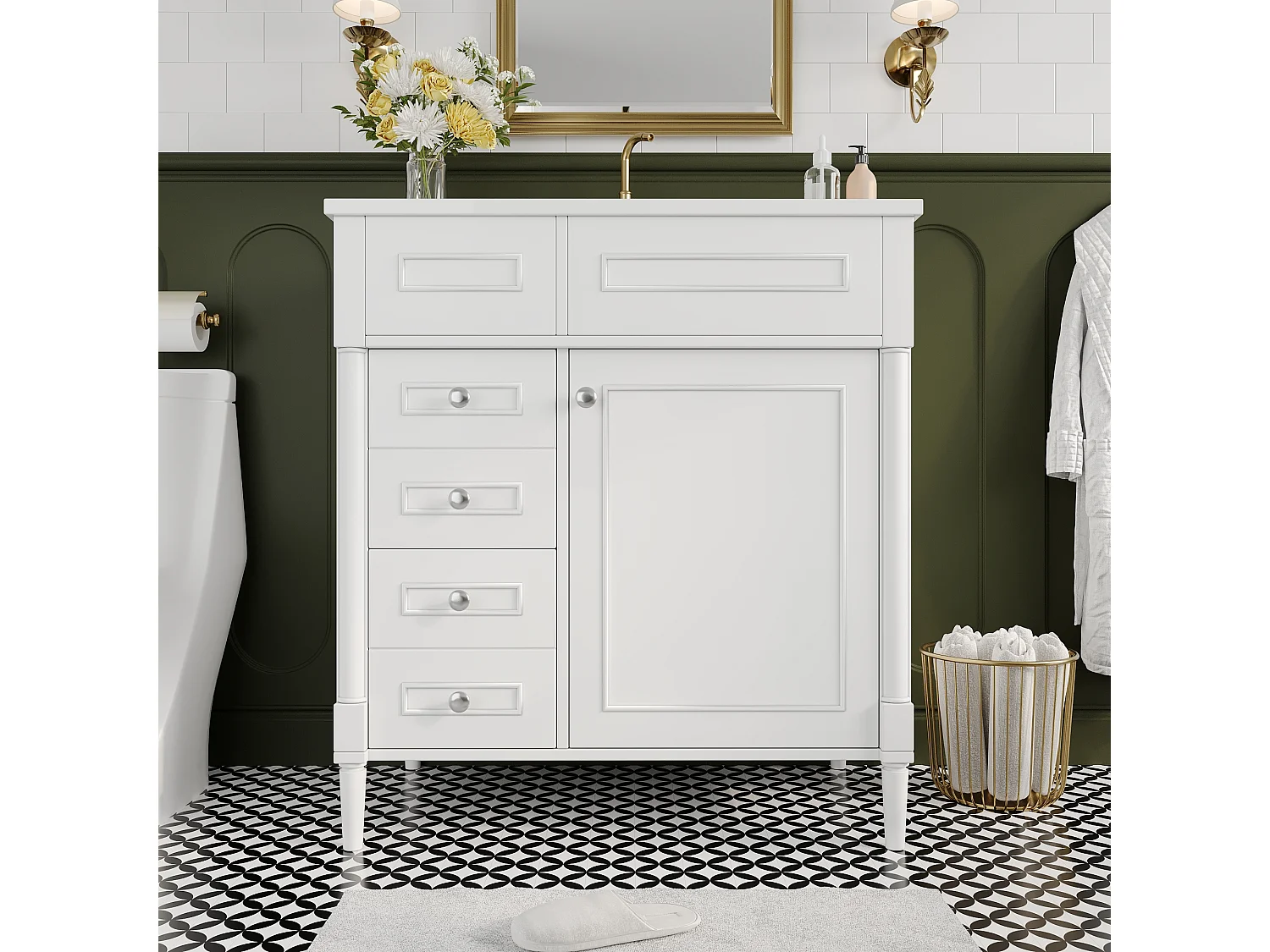 Nowoczesna wolnostojąca szafka pod umywalkę - 76,5 x 46,5 x 84 cm - z umywalką + 2 szufladami + drzwiami - Ceramika + MDF - biała