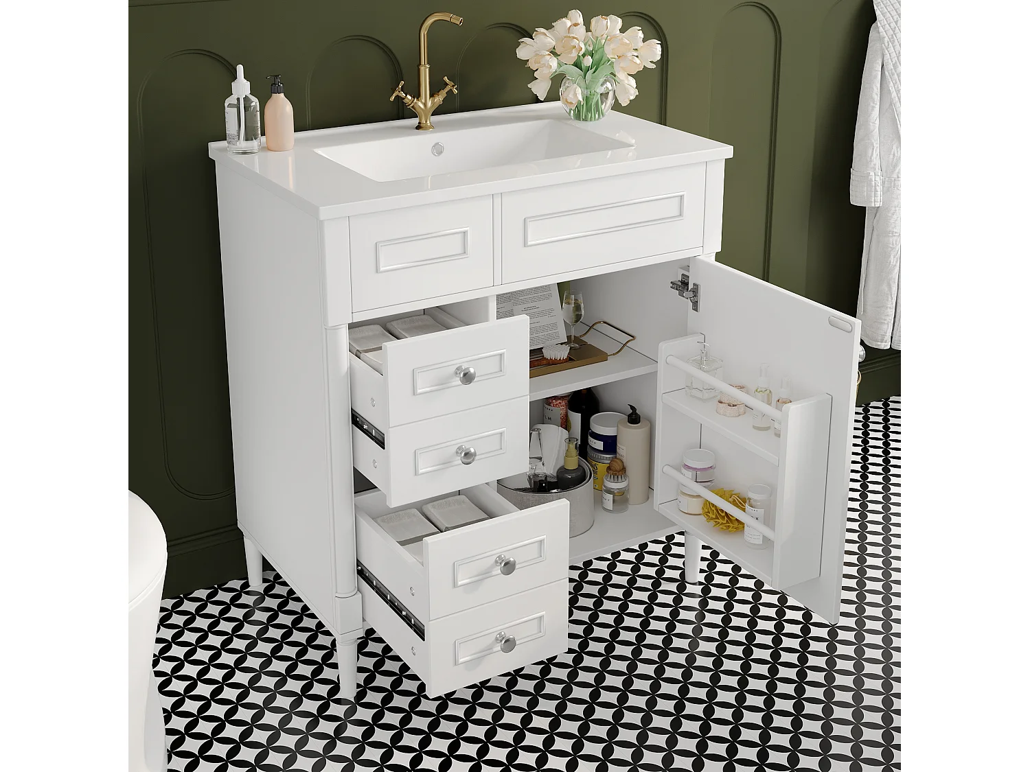 Nowoczesna wolnostojąca szafka pod umywalkę - 76,5 x 46,5 x 84 cm - z umywalką + 2 szufladami + drzwiami - Ceramika + MDF - biała