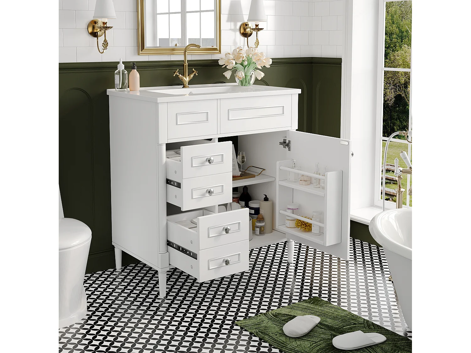 Nowoczesna wolnostojąca szafka pod umywalkę - 76,5 x 46,5 x 84 cm - z umywalką + 2 szufladami + drzwiami - Ceramika + MDF - biała