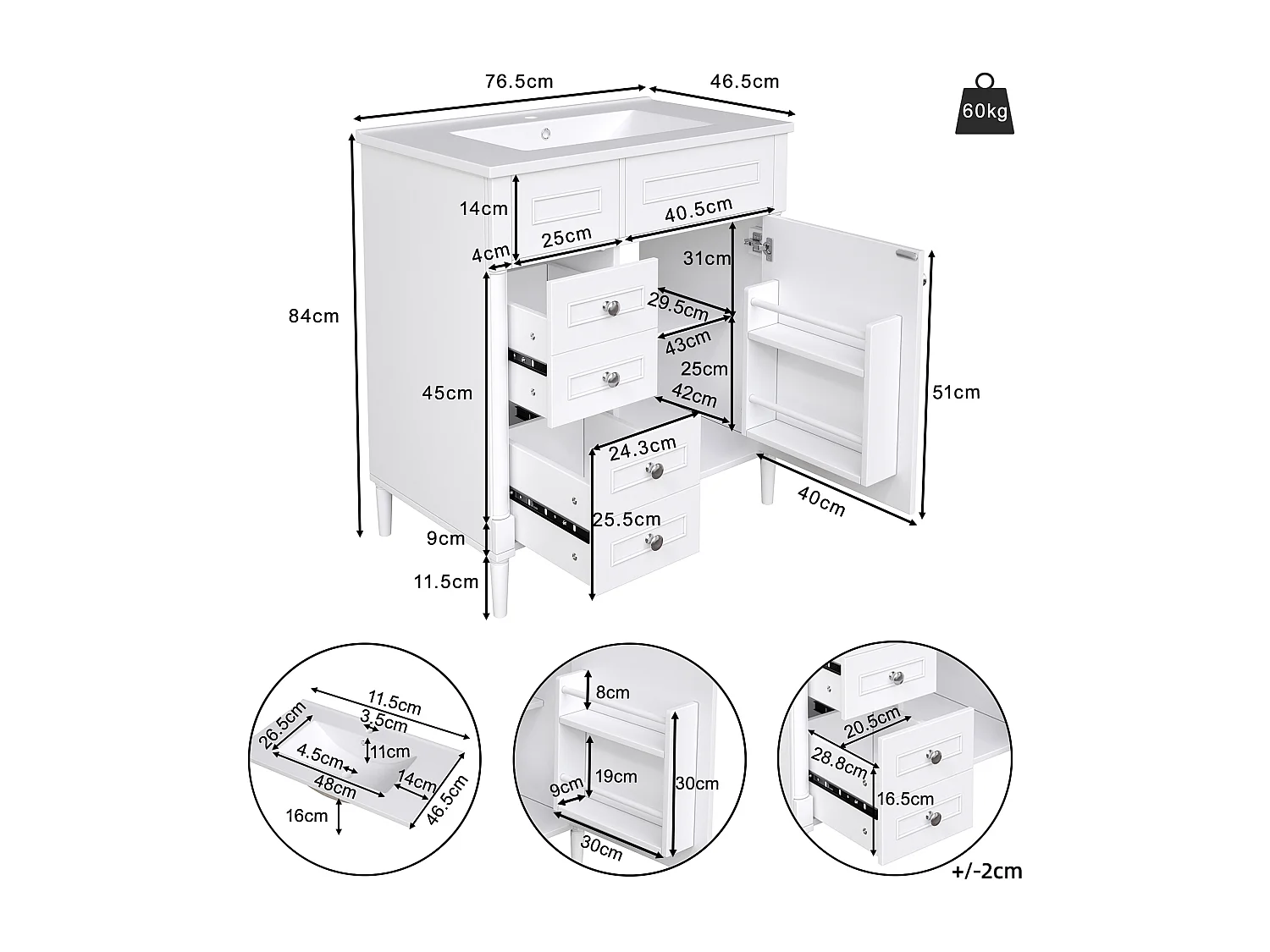 Nowoczesna wolnostojąca szafka pod umywalkę - 76,5 x 46,5 x 84 cm - z umywalką + 2 szufladami + drzwiami - Ceramika + MDF - biała