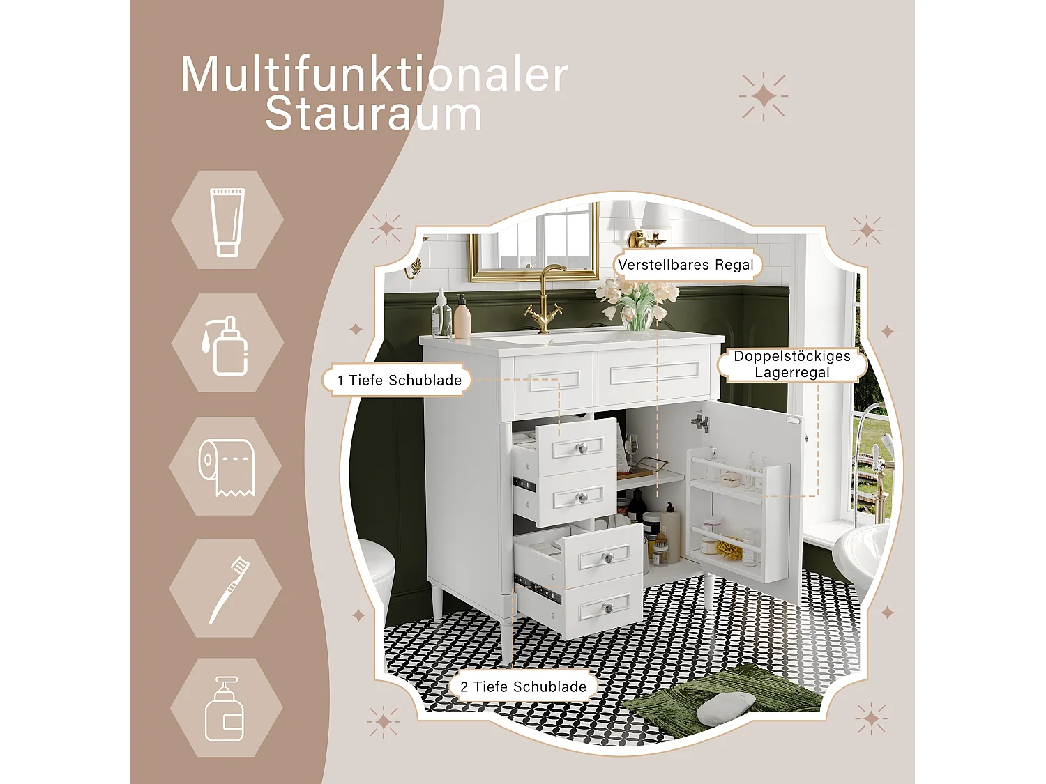 Nowoczesna wolnostojąca szafka pod umywalkę - 76,5 x 46,5 x 84 cm - z umywalką + 2 szufladami + drzwiami - Ceramika + MDF - biała