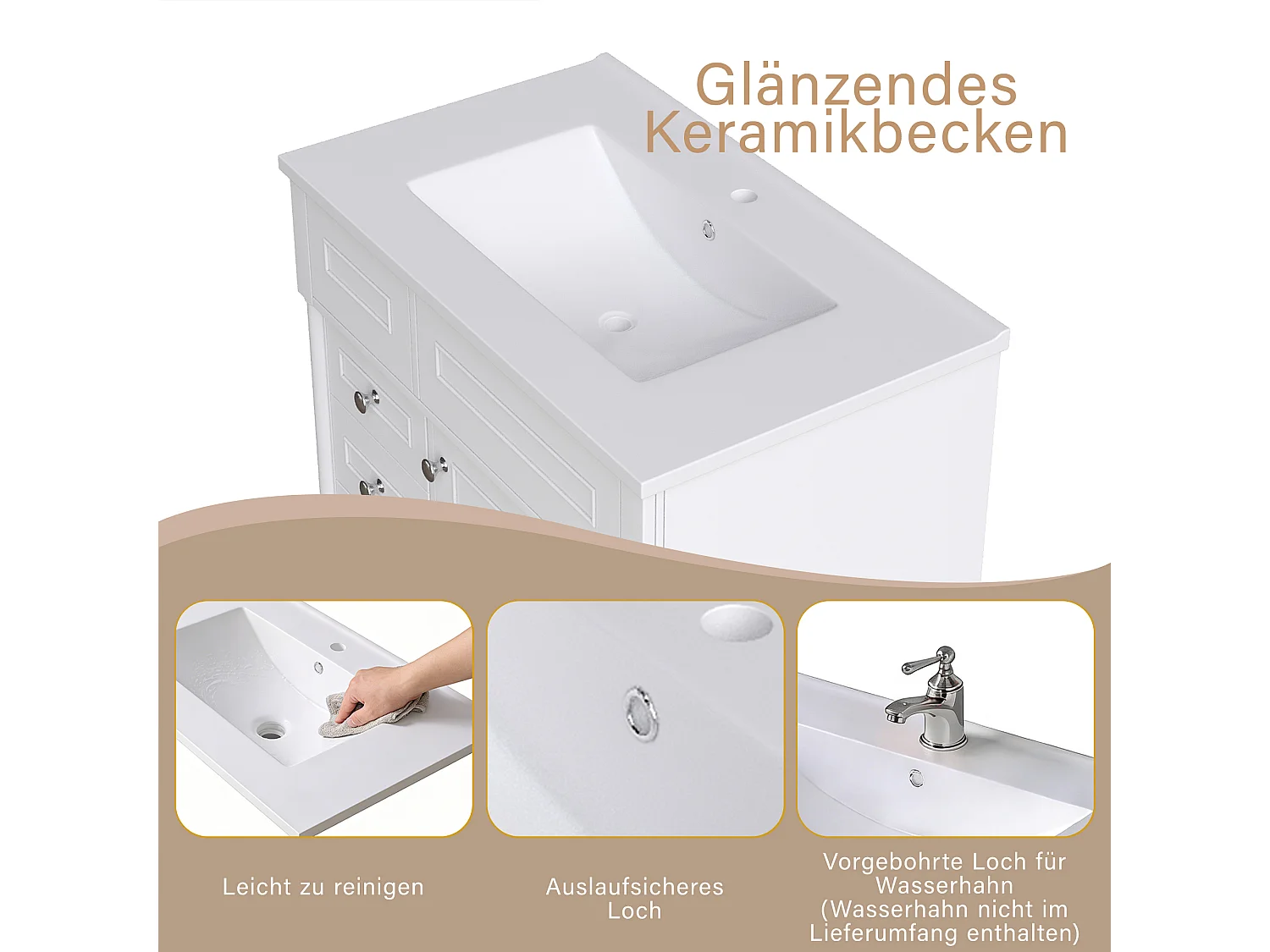 Nowoczesna wolnostojąca szafka pod umywalkę - 76,5 x 46,5 x 84 cm - z umywalką + 2 szufladami + drzwiami - Ceramika + MDF - biała