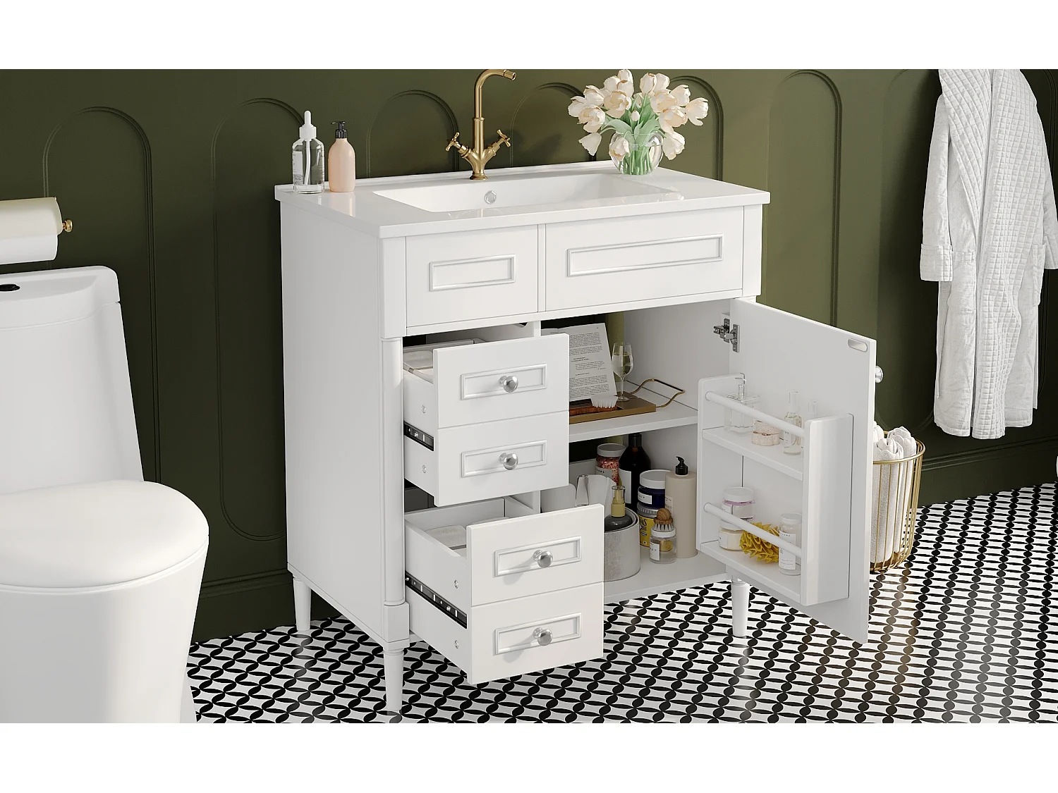 Nowoczesna wolnostojąca szafka pod umywalkę - 76,5 x 46,5 x 84 cm - z umywalką + 2 szufladami + drzwiami - Ceramika + MDF - biała