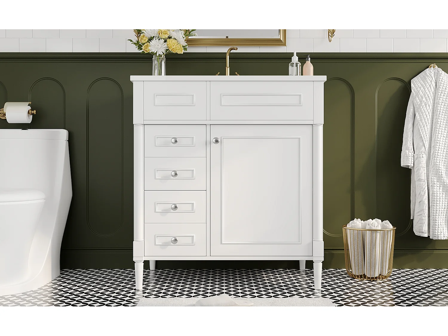 Nowoczesna wolnostojąca szafka pod umywalkę - 76,5 x 46,5 x 84 cm - z umywalką + 2 szufladami + drzwiami - Ceramika + MDF - biała