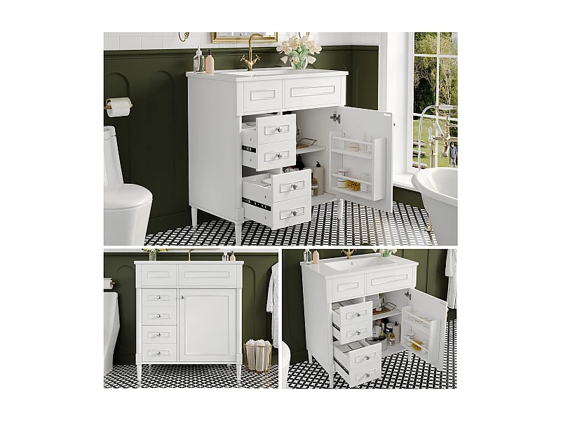 Nowoczesna wolnostojąca szafka pod umywalkę - 76,5 x 46,5 x 84 cm - z umywalką + 2 szufladami + drzwiami - Ceramika + MDF - biała