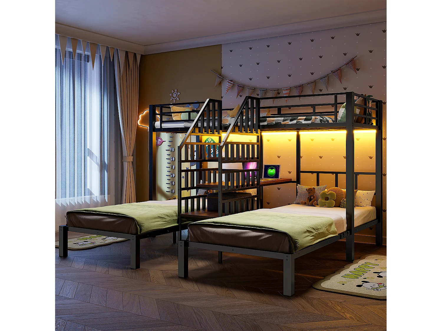 Lit superposé 3 couchages - 3 x 90 x 200 cm - avec Leds + 2 USB + prise + bureau + escalier de rangement - métal - noir