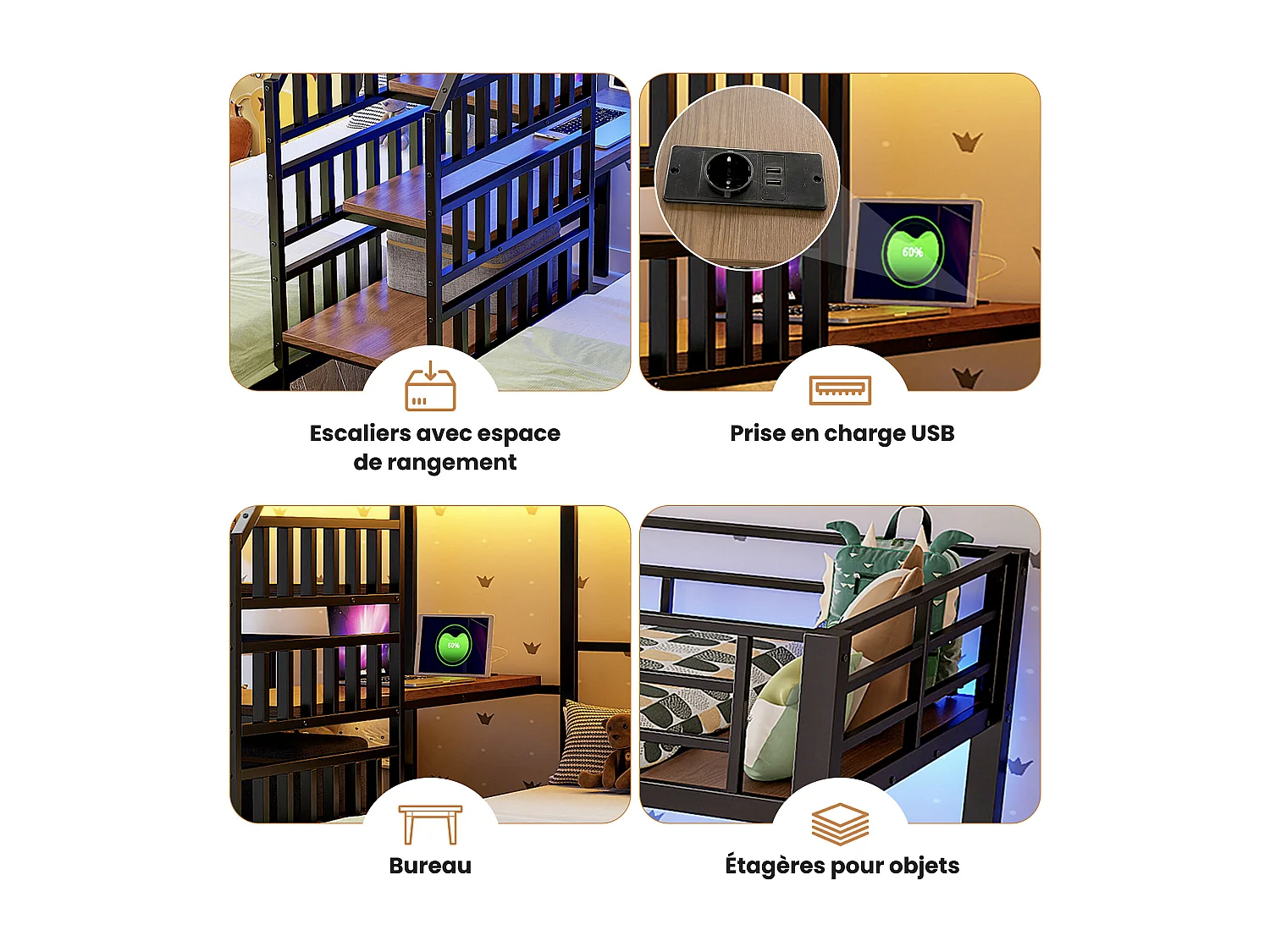 Lit superposé 3 couchages - 3 x 90 x 200 cm - avec Leds + 2 USB + prise + bureau + escalier de rangement - métal - noir