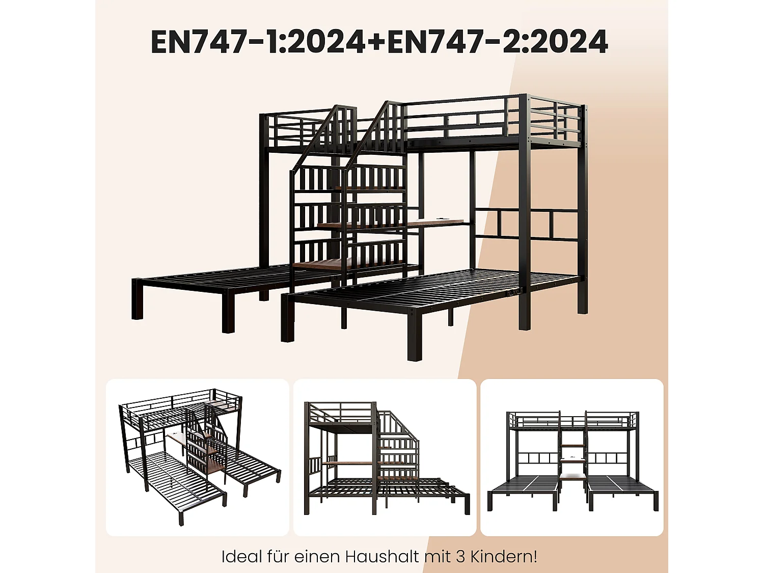 Lit superposé 3 couchages - 3 x 90 x 200 cm - avec Leds + 2 USB + prise + bureau + escalier de rangement - métal - noir