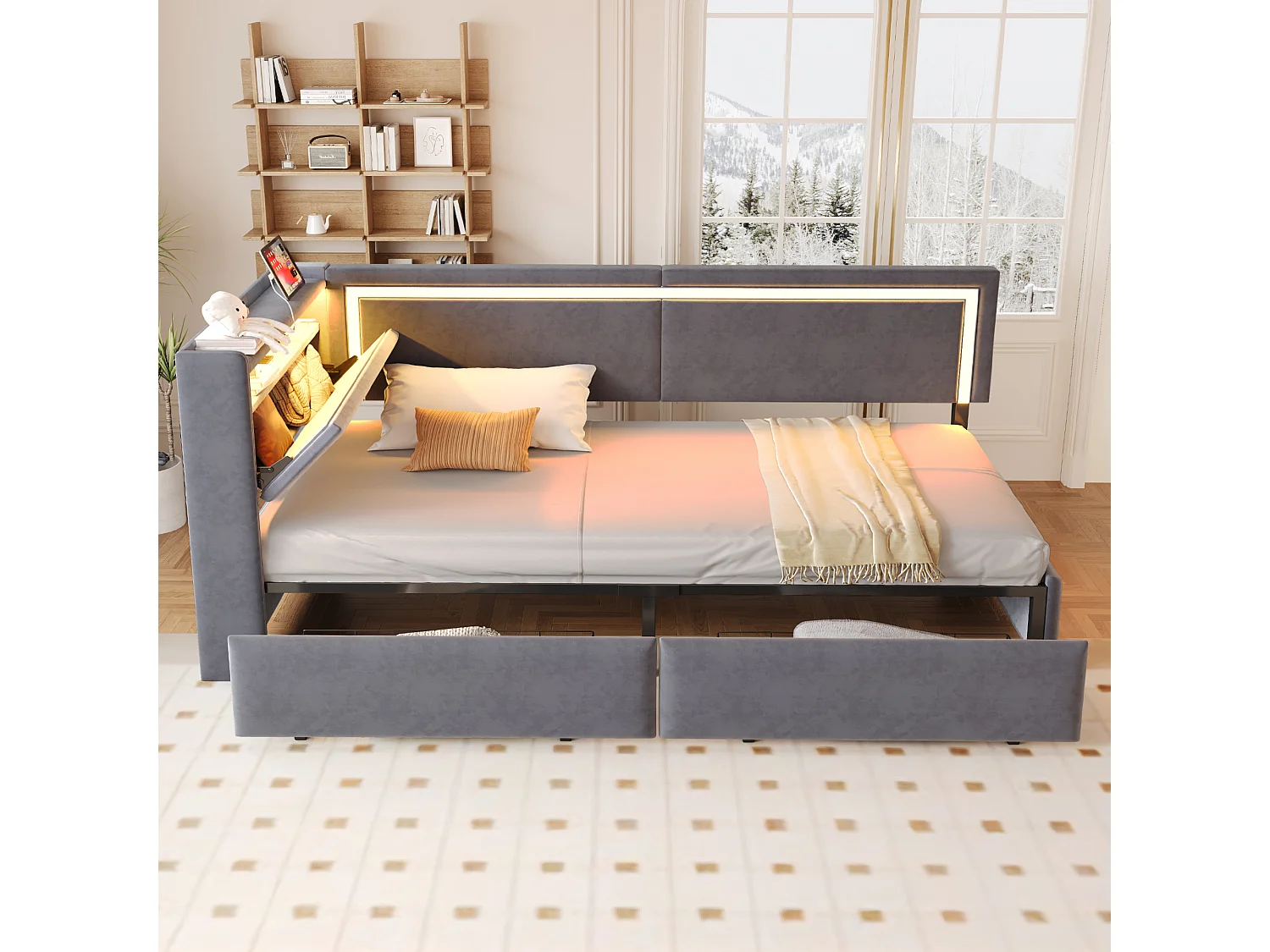 Gestoffeerde kinderslaapbank - 90 x 200 cm - met ledverlichting + USB-poort + uitklapbaar hoofdeinde + 2 lades - fluweel - donkergrijs
