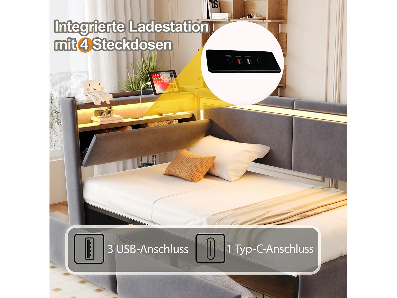 Gestoffeerde kinderslaapbank - 90 x 200 cm - met ledverlichting + USB-poort + uitklapbaar hoofdeinde + 2 lades - fluweel - donkergrijs