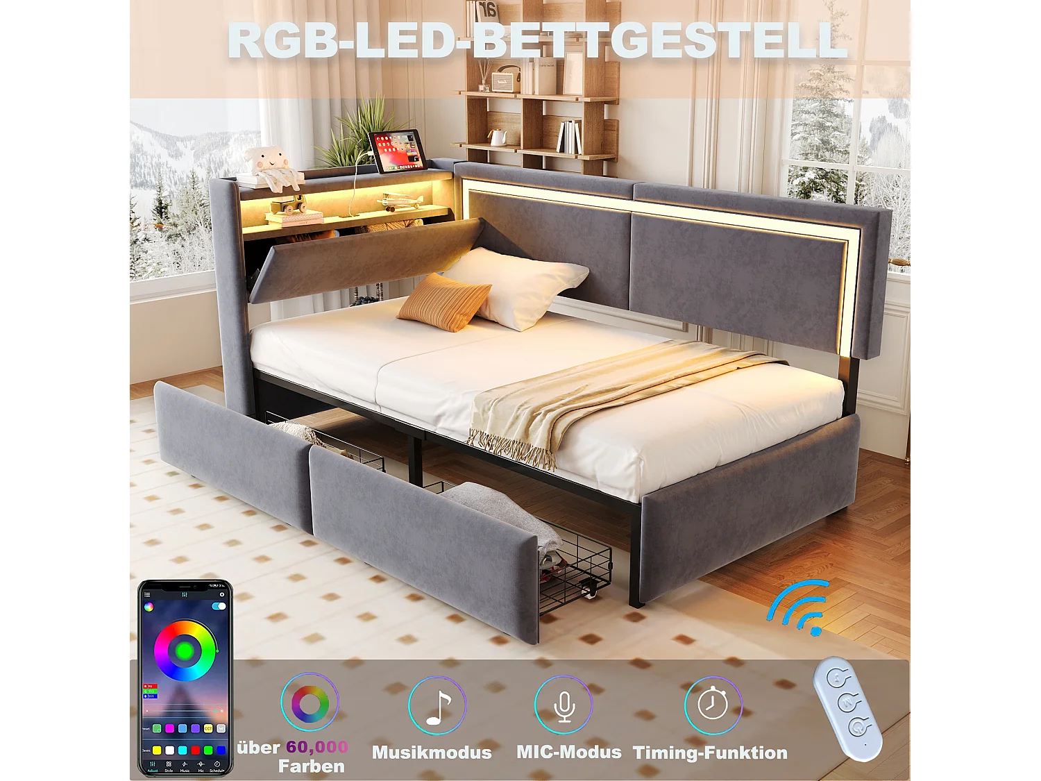 Gestoffeerde kinderslaapbank - 90 x 200 cm - met ledverlichting + USB-poort + uitklapbaar hoofdeinde + 2 lades - fluweel - donkergrijs