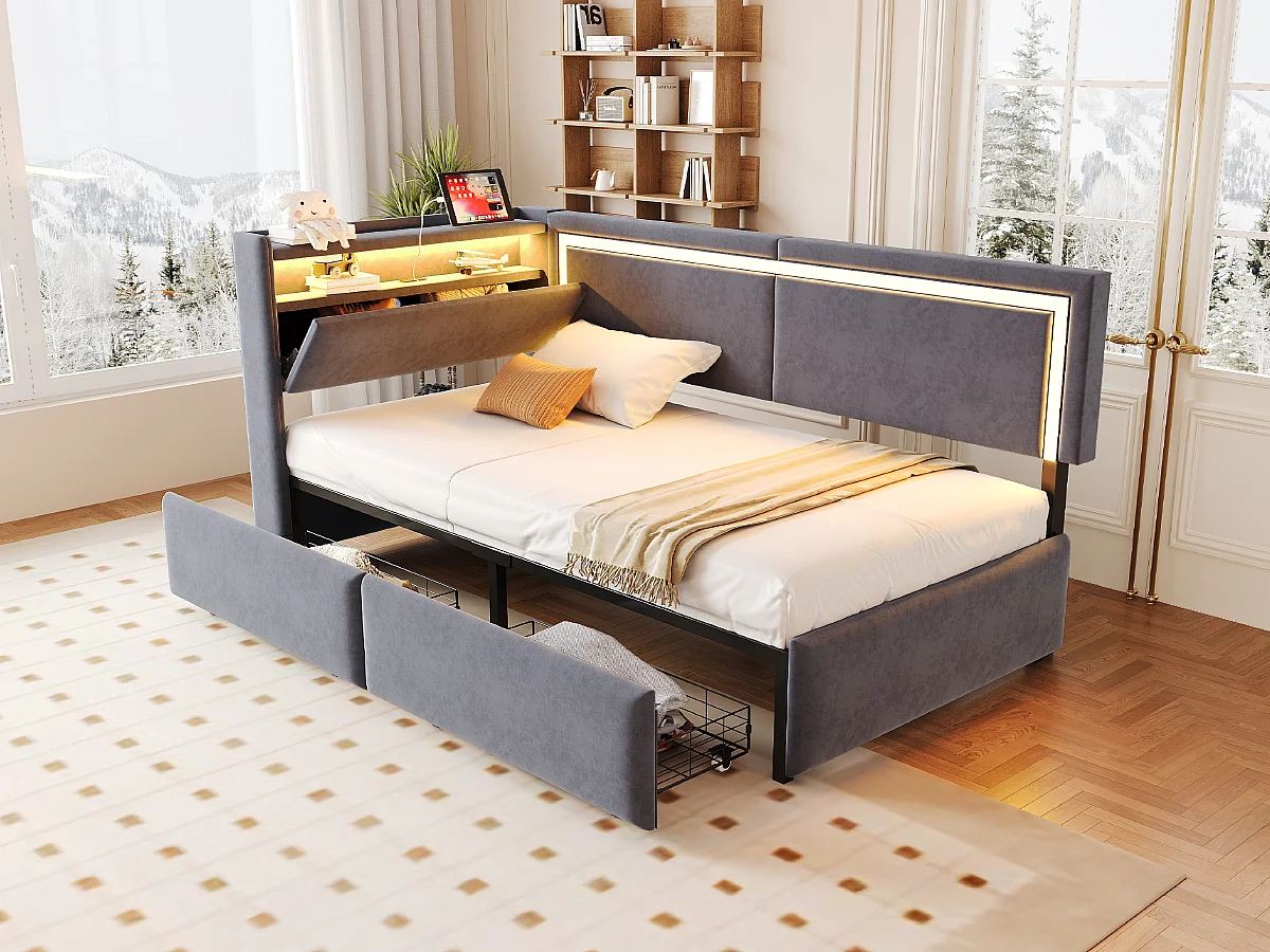 Gestoffeerde kinderslaapbank - 90 x 200 cm - met ledverlichting + USB-poort + uitklapbaar hoofdeinde + 2 lades - fluweel - donkergrijs