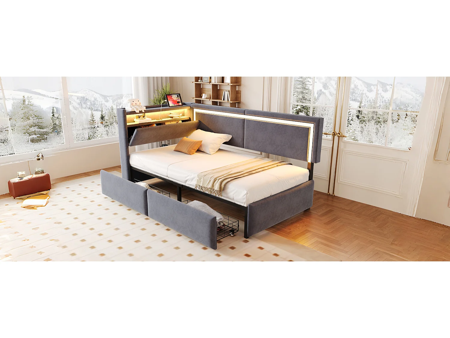 Gestoffeerde kinderslaapbank - 90 x 200 cm - met ledverlichting + USB-poort + uitklapbaar hoofdeinde + 2 lades - fluweel - donkergrijs