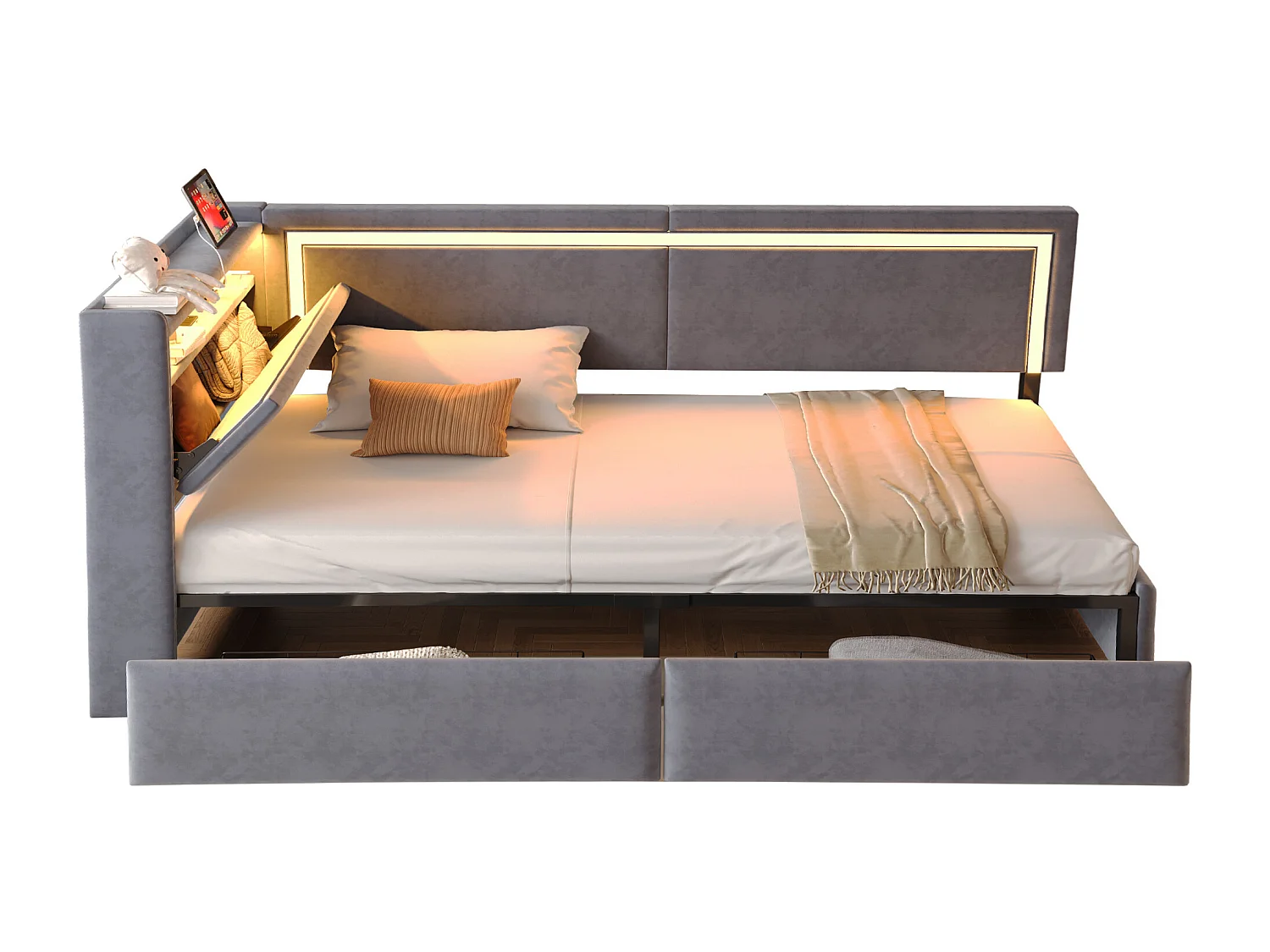 Gestoffeerde kinderslaapbank - 90 x 200 cm - met ledverlichting + USB-poort + uitklapbaar hoofdeinde + 2 lades - fluweel - donkergrijs