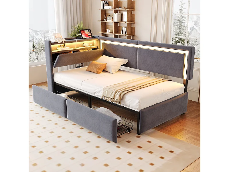 Gestoffeerde kinderslaapbank - 90 x 200 cm - met ledverlichting + USB-poort + uitklapbaar hoofdeinde + 2 lades - fluweel - donkergrijs