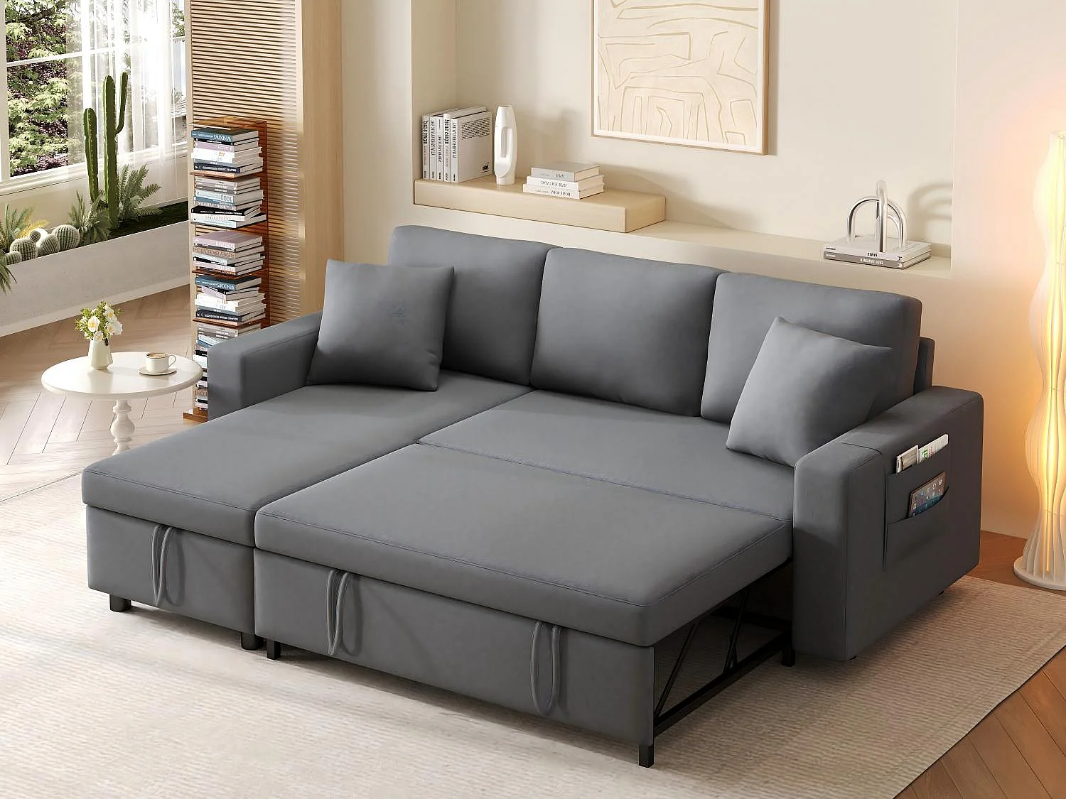 Fusio 1.0 - Canapé d’Angle 3 Places Convertible + Rangement - Tissu Lin - Idéal Studio, Lit d’Appoint Spacieux