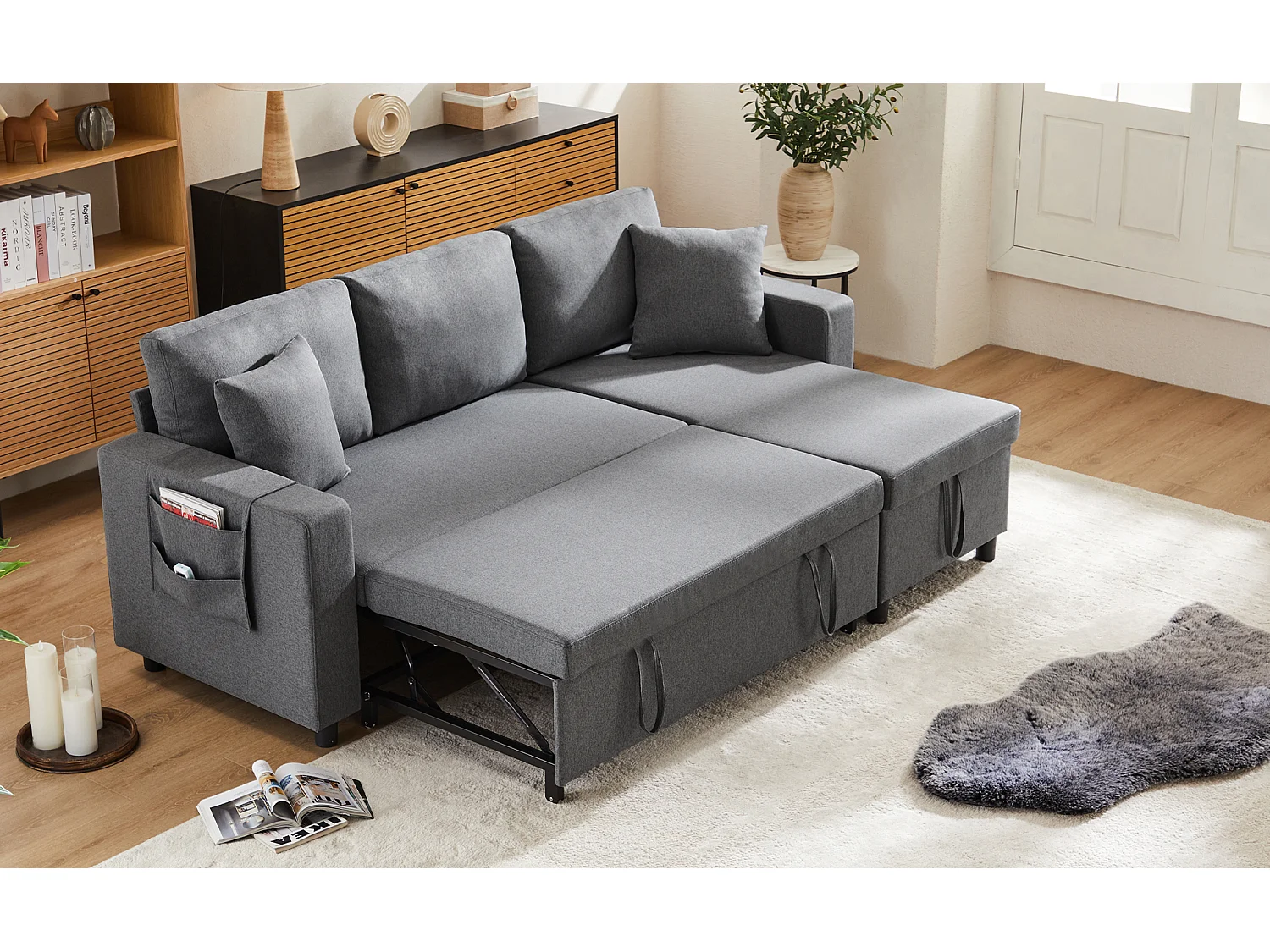 Fusio 1.0 - Canapé d’Angle 3 Places Convertible + Rangement - Tissu Lin - Idéal Studio, Lit d’Appoint Spacieux