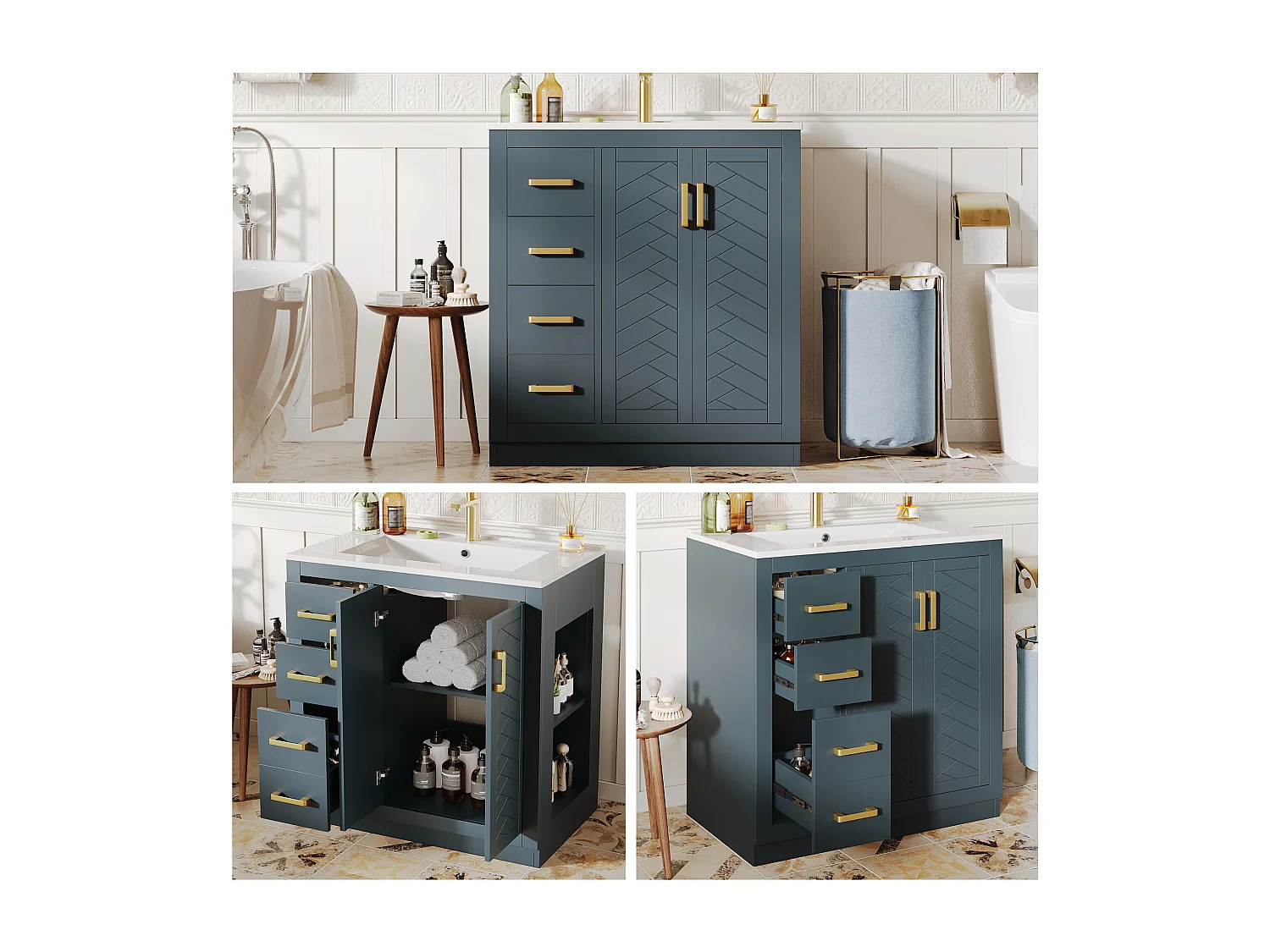 Meuble vasque en céramique de salle de bain - 76.5 x 46.5 x 84.5 cm - avec 3 tiroirs + étagère latérale + 2 portes - MDF - bleu